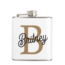 Modernes elegantes Monogramm Name Black Gold Scrip Flachmann