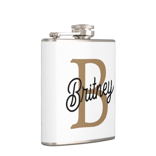 Modernes elegantes Monogramm Name Black Gold Scrip Flachmann (Rechts)