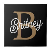 Modernes elegantes Monogramm Name Black Gold Scrip Fliese (Vorderseite)