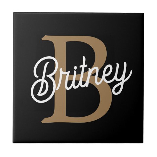 Modernes elegantes Monogramm Name Black Gold Scrip Fliese (Vorderseite)