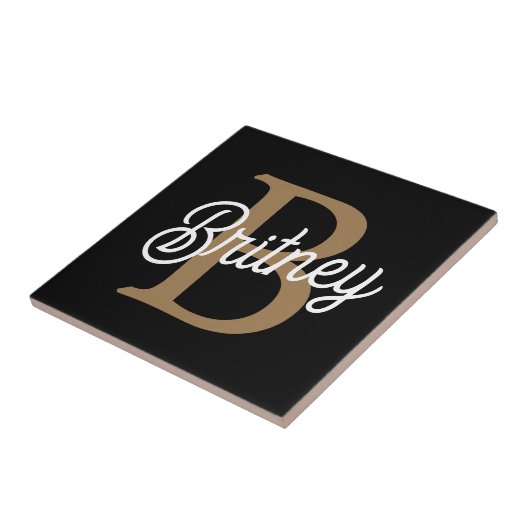 Modernes elegantes Monogramm Name Black Gold Scrip Fliese (Seite)