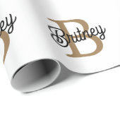 Modernes elegantes Monogramm Name Black Gold Scrip Geschenkpapier (Rolleneckpunkt)