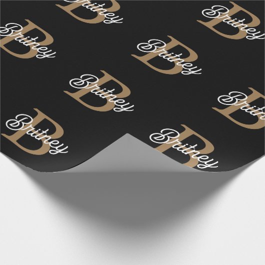 Modernes elegantes Monogramm Name Black Gold Scrip Geschenkpapier (Ecke)