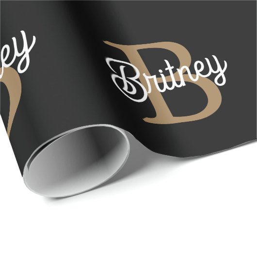 Modernes elegantes Monogramm Name Black Gold Scrip Geschenkpapier (Rolleneckpunkt)
