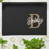 Modernes elegantes Monogramm Name Black Gold Scrip Geschirrtuch (Gefaltet)