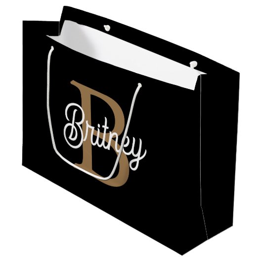 Modernes elegantes Monogramm Name Black Gold Scrip Große Geschenktüte (Vorderseite Schrägansicht)