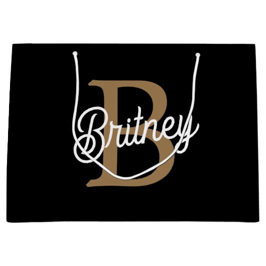 Modernes elegantes Monogramm Name Black Gold Scrip Große Geschenktüte (Vorderseite)
