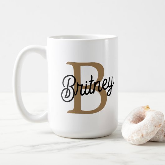Modernes elegantes Monogramm Name Black Gold Scrip Kaffeetasse (Mit Donut)