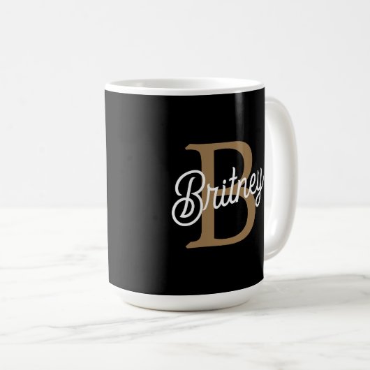 Modernes elegantes Monogramm Name Black Gold Scrip Kaffeetasse (VorderseiteRechts)