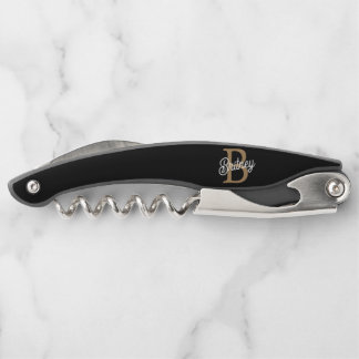 Modernes elegantes Monogramm Name Black Gold Scrip Kellnermesser