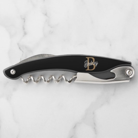 Modernes elegantes Monogramm Name Black Gold Scrip Kellnermesser (Rückseite)