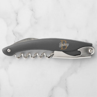 Modernes elegantes Monogramm Name Black Gold Scrip Kellnermesser