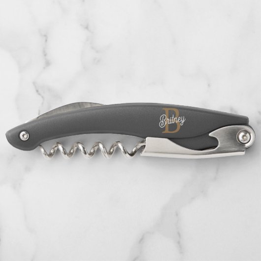 Modernes elegantes Monogramm Name Black Gold Scrip Kellnermesser (Rückseite)