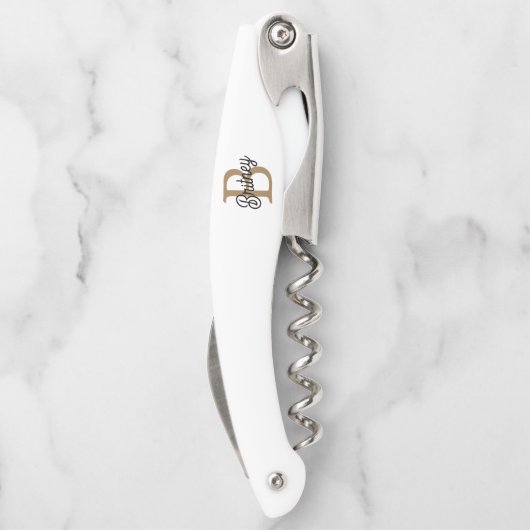 Modernes elegantes Monogramm Name Black Gold Scrip Kellnermesser (Rückseite)