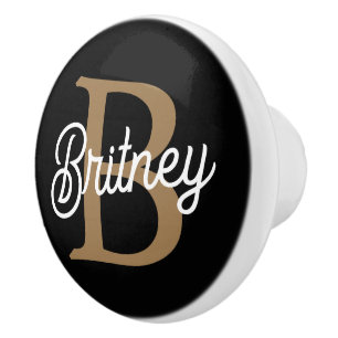 Modernes elegantes Monogramm Name Black Gold Scrip Keramikknauf