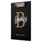 Modernes elegantes Monogramm Name Black Gold Scrip Klemmbrett (Links)