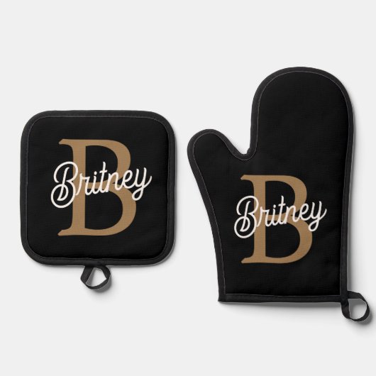 Modernes elegantes Monogramm Name Black Gold Scrip Ofenhandschuh & Topflappen-Set (Vorderseite)