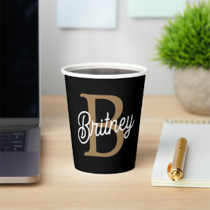 Modernes elegantes Monogramm Name Black Gold Scrip Pappbecher