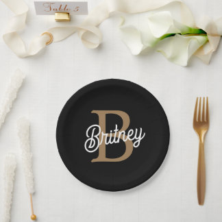 Modernes elegantes Monogramm Name Black Gold Scrip Pappteller