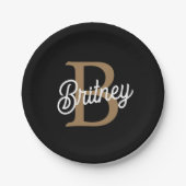 Modernes elegantes Monogramm Name Black Gold Scrip Pappteller (Vorderseite)