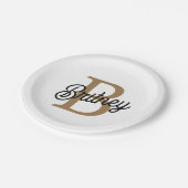 Modernes elegantes Monogramm Name Black Gold Scrip Pappteller (Schrägansicht)