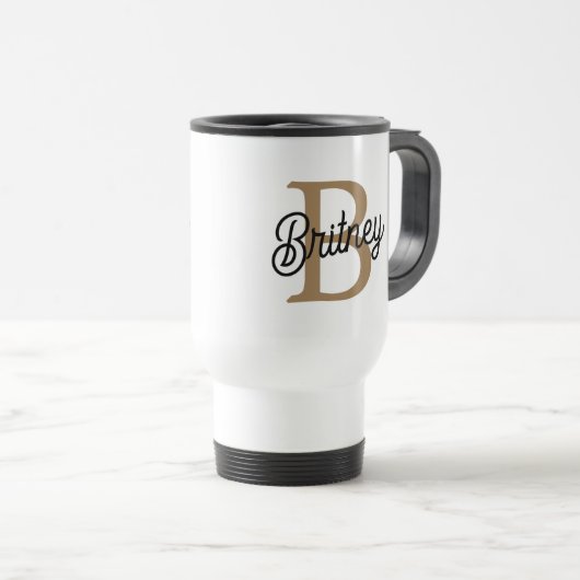 Modernes elegantes Monogramm Name Black Gold Scrip Reisebecher (VorderseiteRechts)