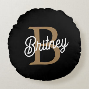 Modernes elegantes Monogramm Name Black Gold Scrip Rundes Kissen