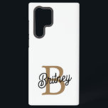 Modernes elegantes Monogramm Name Black Gold Scrip Samsung Galaxy Hülle<br><div class="desc">Die Samsung S22 Ultra Case ist eine Kombination aus elegantem Design und praktischem Schutz. Dieser benutzerdefinierte Fall verfügt über einen ausgeklügelten schwarzen Hintergrund mit einem eleganten Goldskript, das mit Ihrem Monogramm und Namen personalisiert werden kann. Das Samsung SGH-X500 ist ein Mobiltelefon, das sich durch seine kompakte Bauweise und das elegante...</div>