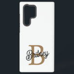 Modernes elegantes Monogramm Name Black Gold Scrip Samsung Galaxy Hülle<br><div class="desc">Die Samsung S22 Ultra Case ist eine Kombination aus elegantem Design und praktischem Schutz. Dieser benutzerdefinierte Fall verfügt über einen ausgeklügelten schwarzen Hintergrund mit einem eleganten Goldskript, das mit Ihrem Monogramm und Namen personalisiert werden kann. Das Samsung SGH-X500 ist ein Mobiltelefon, das sich durch seine kompakte Bauweise und das elegante...</div>