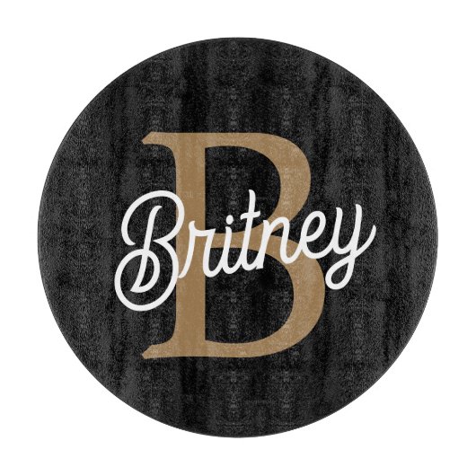 Modernes elegantes Monogramm Name Black Gold Scrip Schneidebrett (Vorderseite)