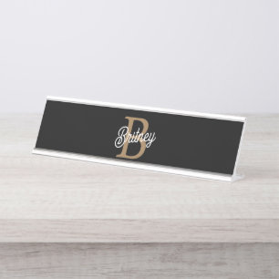 Modernes elegantes Monogramm Name Black Gold Scrip Schreibtischnamensplakette