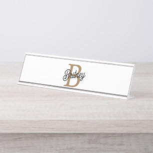 Modernes elegantes Monogramm Name Black Gold Scrip Schreibtischnamensplakette