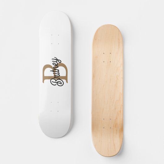 Modernes elegantes Monogramm Name Black Gold Scrip Skateboard (Vorderseite)