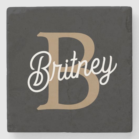 Modernes elegantes Monogramm Name Black Gold Scrip Steinuntersetzer (Vorderseite)