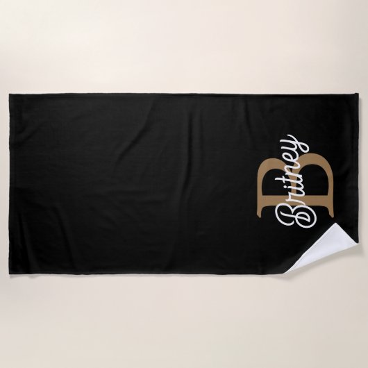 Modernes elegantes Monogramm Name Black Gold Scrip Strandtuch (Vorderseite)