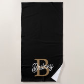 Modernes elegantes Monogramm Name Black Gold Scrip Strandtuch (Vorderseite)
