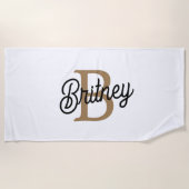 Modernes elegantes Monogramm Name Black Gold Scrip Strandtuch (Vorderseite)