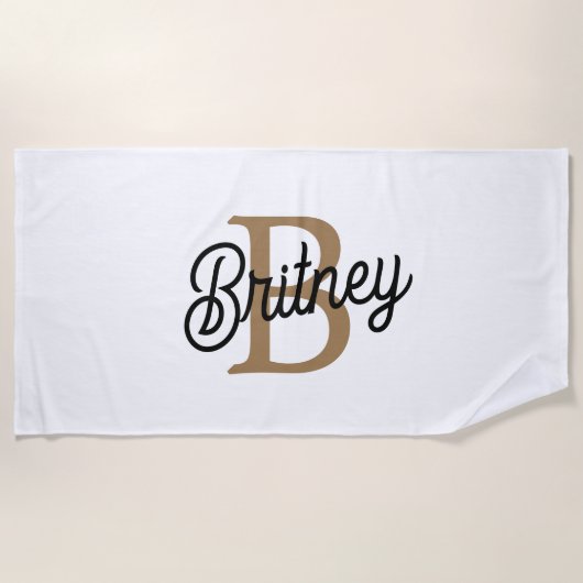 Modernes elegantes Monogramm Name Black Gold Scrip Strandtuch (Vorderseite)