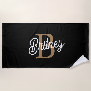 Modernes elegantes Monogramm Name Black Gold Scrip Strandtuch