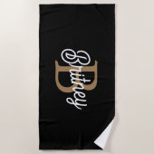 Modernes elegantes Monogramm Name Black Gold Scrip Strandtuch (Vorderseite)