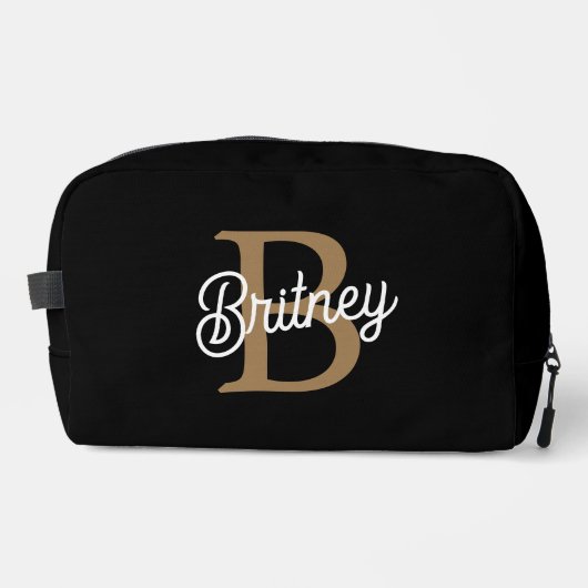 Modernes elegantes Monogramm Name Black Gold Scrip Waschbeutel (Vorderseite)