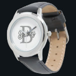 Modernes, elegantes Monogramm Name Schwarz Graue S Armbanduhr<br><div class="desc">Die moderne elegante Monogram Name Black Gray Script Watch verbindet zeitlose Eleganz mit personalisiertem Stil. Dieses anspruchsvolle Uhrwerk verfügt über ein klassisches schwarzes Uhrengesicht mit einem eleganten grauen Skript, das Ihr individuelles Monogramm und Ihren Namen anzeigt. Das Design verbindet eine schlanke und schlichte Ästhetik mit der Praktikabilität einer hochwertigen Uhr....</div>