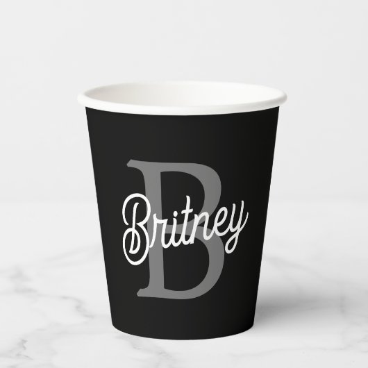 Modernes, elegantes Monogramm Name Schwarz Graue S Pappbecher (Vorderseite)