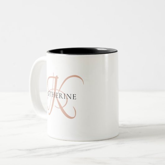 Modernes, elegantes Monogramm-Skript Rosa Zweifarbige Tasse (Vorderseite Links)