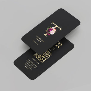 Modernes elegantes Monogramm T Floral Black Gold Visitenkarte