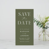 Modernes elegantes Olive Green Foto Save the Date (Stehend Vorderseite)