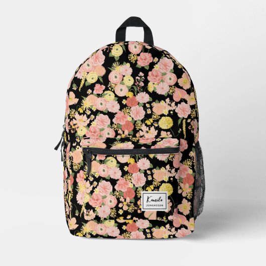 Modernes, elegantes Pfirsichrosa-Floral-Monogramm Bedruckter Rucksack (Vorderseite)