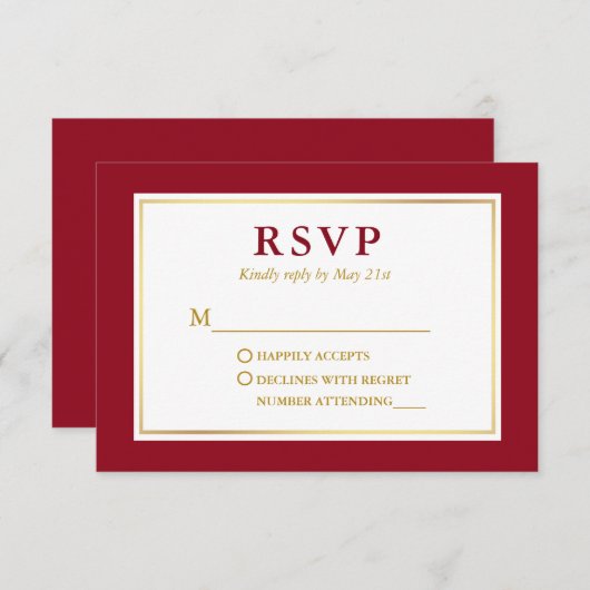 Modernes elegantes Red White Gold RSVP Karte (Vorne/Hinten)