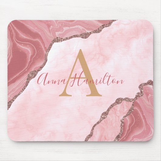Modernes, elegantes Rosa Agate Geode Monogramm Mousepad (Vorne)