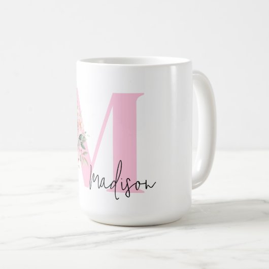 Modernes, elegantes rosa, florales Monogramm Kaffeetasse (VorderseiteRechts)